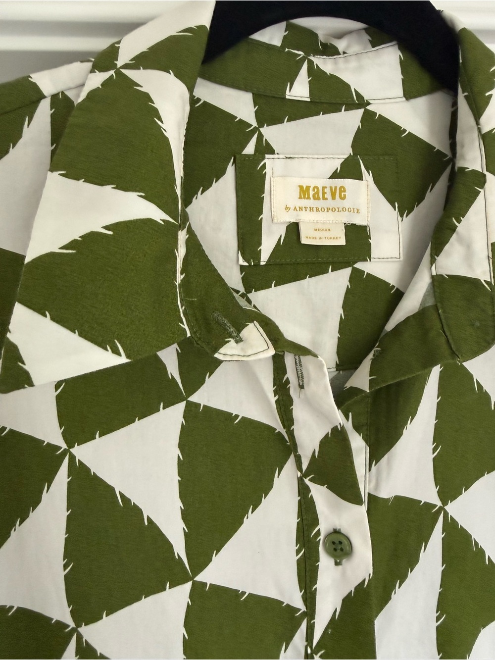 Anthropologie Maeve Olive Green and White Geometric Button Shirt - Picture 3 of 4